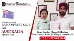Ramanpreet Kaur receiving Australia study visa approval through 13 Dreams Consultants, Khatima, Uttarakhand