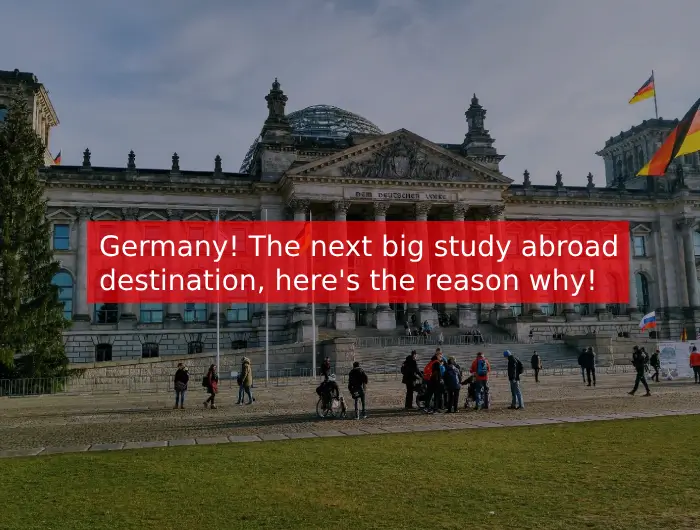 Reichstag building in Berlin with students outside, promoting Germany as the next big study abroad destination.