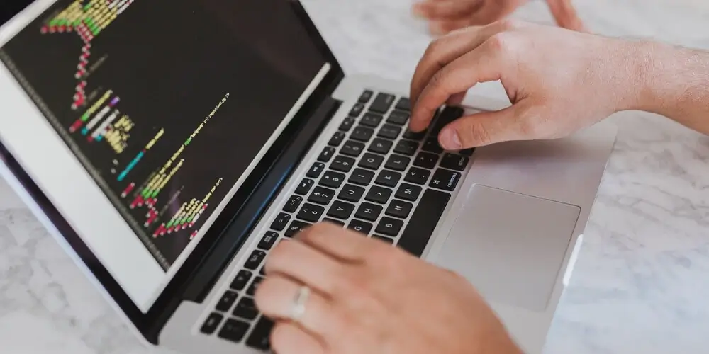 Consultant using laptop to review student visa application details and program selection options for overseas education